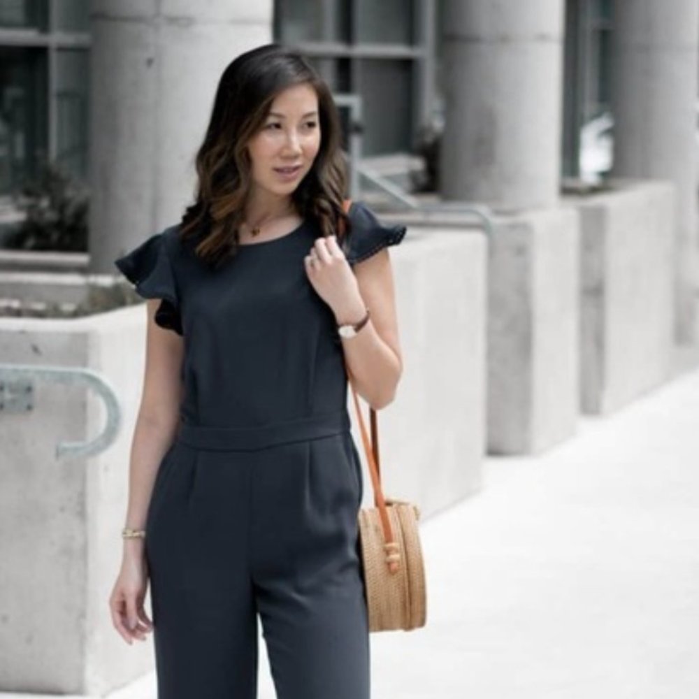 Ann Taylor Navy Crepe Jumpsuit w/ Flutter Sleeves